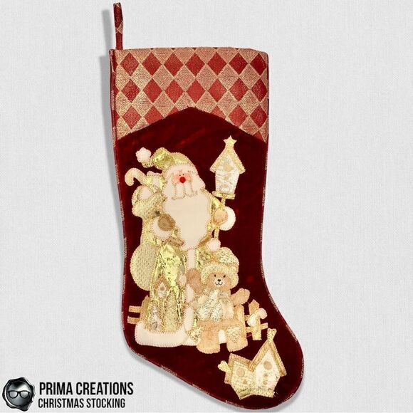 VINTAGE CHRISTMAS STOCKING FELT APPLIQUÉD SANTA & GIFTS ON VELVET IN RED & GOLD - Picture 3 of 13